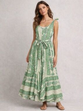 ✨🌿 Roller Rabbit Berrino Sedona Midi Dress Green Print Tie Shoulder Size S